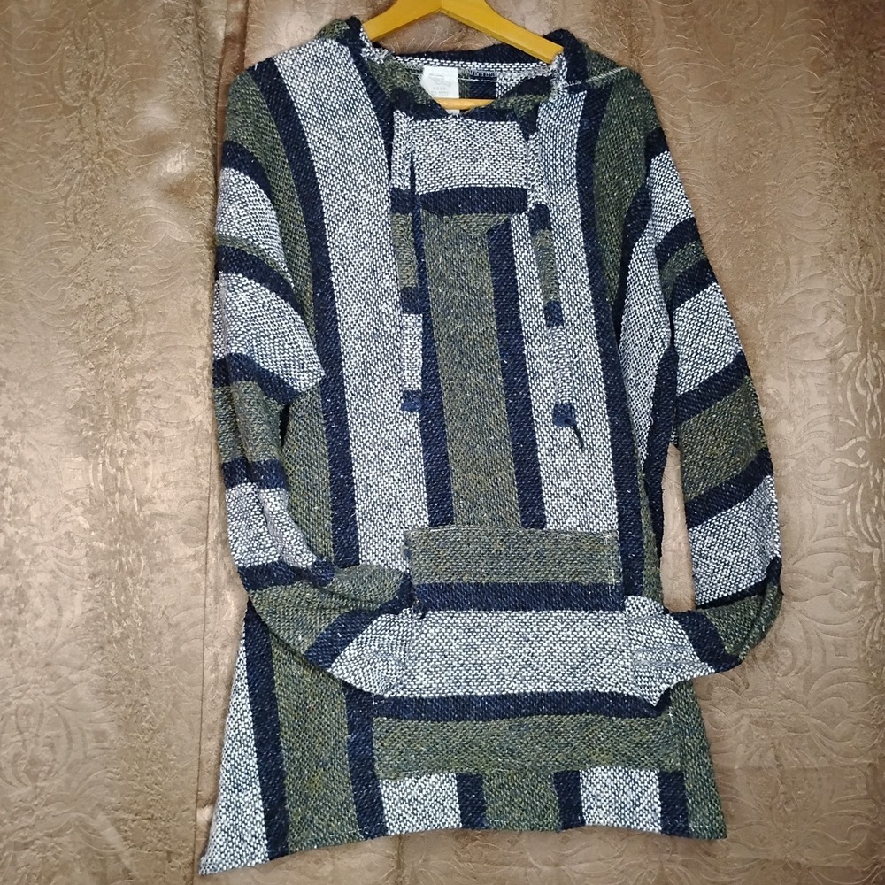BAJA Hoodie 2XL Gray Blue Green Striped Hooded Pullover‎ Vintage Y2K -7